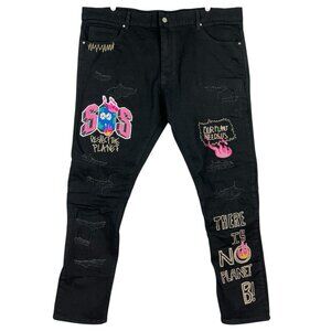 First Row Men's Future Distressed Slim Black Jeans Sz 42x32 Straight Stretch NWT